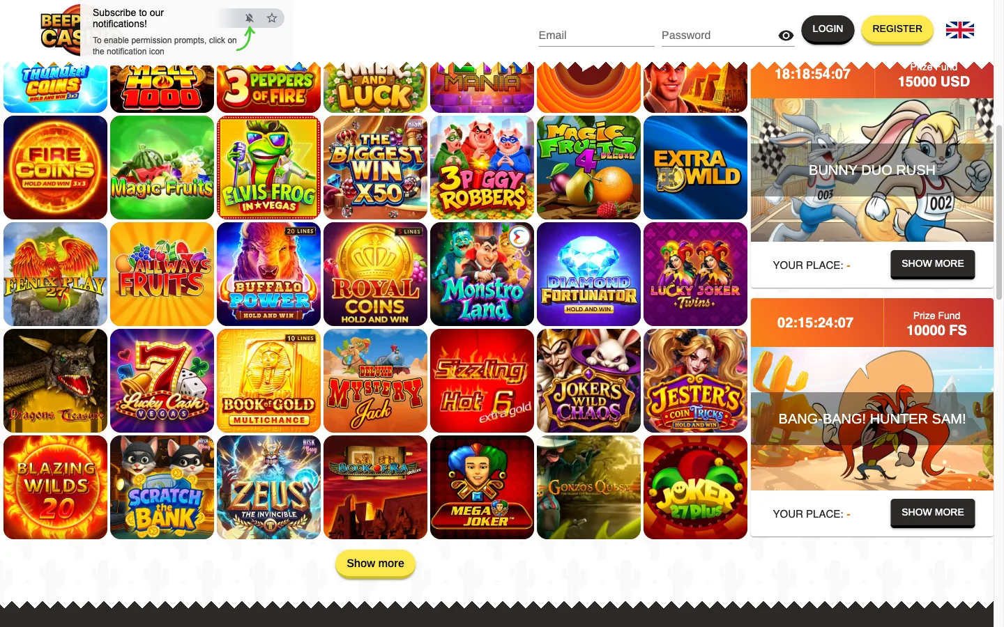 Beep Beep Casino Slots-Lobby mit Spielauswahl